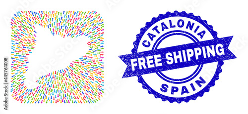 Vector collage Catalonia map of movement arrows and rubber Free Shipping stamp. Collage Catalonia map created as hole from rounded square shape using movement arrows.