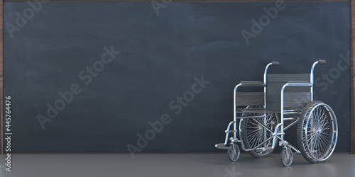 Wheelchair on empty school chalkboard background. 3d illustration