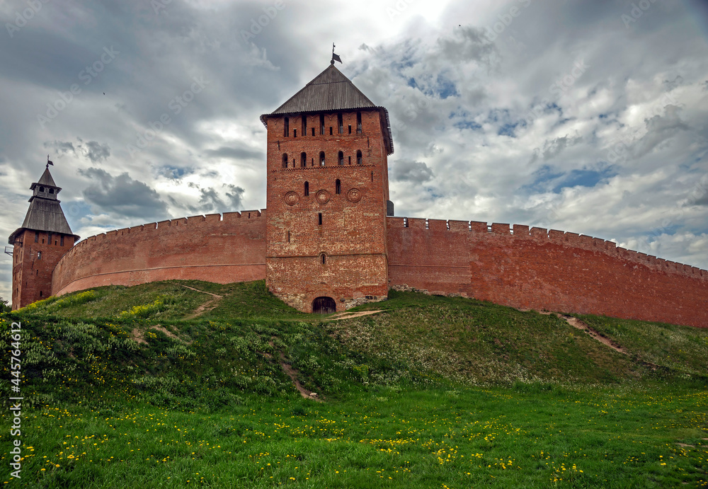 	
Fortress wall and towers. Kremlin in the city of Novgorod, Russia	
