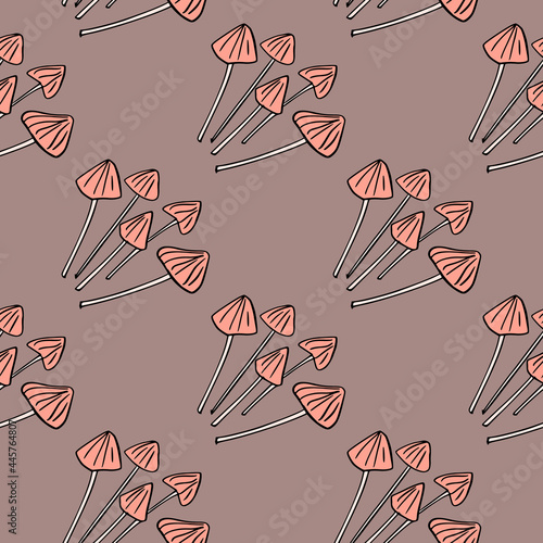 Pink decorative psilocybe semilanceata mushroom elements print. Seasonal doodle vegetable food backdrop.