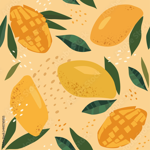 Modern vector seamless pattern with mango fruits. Trendy abstract design. Hand drawn textures for printing on fabric, paper, cover, interior decor, posters.