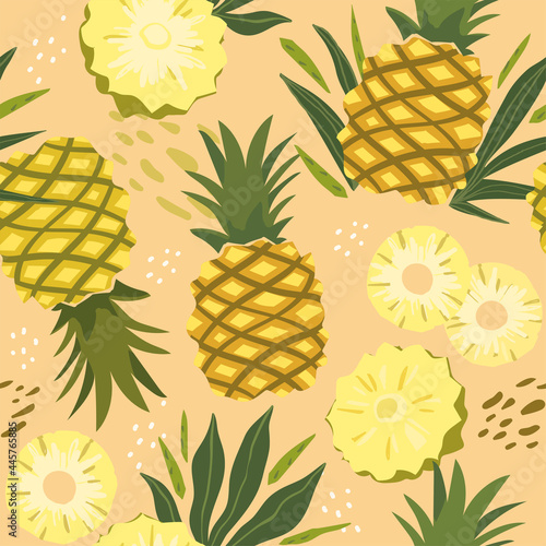 Modern vector seamless pattern with pineapple fruits. Trendy abstract design. Hand drawn textures for printing on fabric, paper, cover, interior decor, posters.