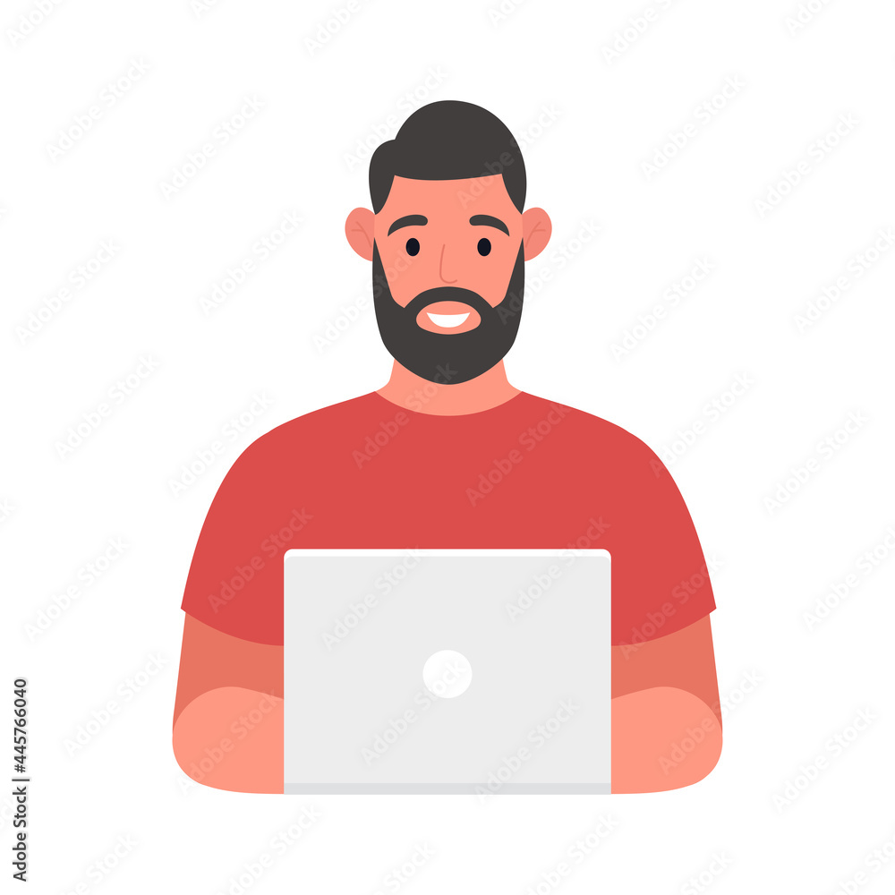 Bearded man at his desk is working on the laptop computer. Freelance job concept. Vector illustration.