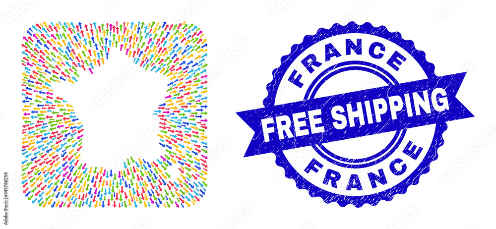 Vector mosaic France map of abandon arrows and scratched Free Shipping badge. Mosaic France map constructed as carved shape from rounded square shape with emigration arrows. Vector mosaic France map of abandon arrows and scratched Free Shipping badge. Mosaic France map constructed as carved shape from rounded square shape with emigration arrows.