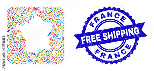 Vector mosaic France map of abandon arrows and scratched Free Shipping badge. Mosaic France map constructed as carved shape from rounded square shape with emigration arrows.