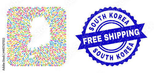 Vector mosaic South Korea map of navigation arrows and grunge Free Shipping seal stamp. Mosaic South Korea map created as carved shape from rounded square shape with emigration arrows.