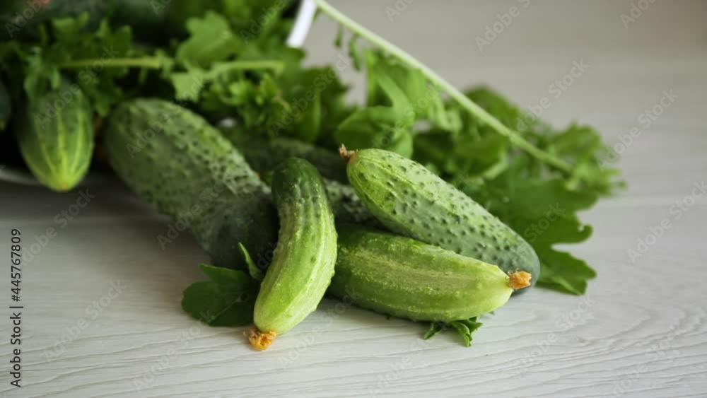 organic cucumbers with herbs on a wooden table organic cucumbers with herbs on a wooden table