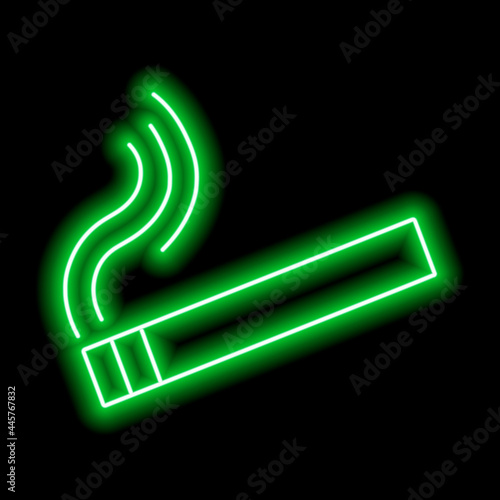 Green neon cigarette with smoke on a black background. Vector icon illustration