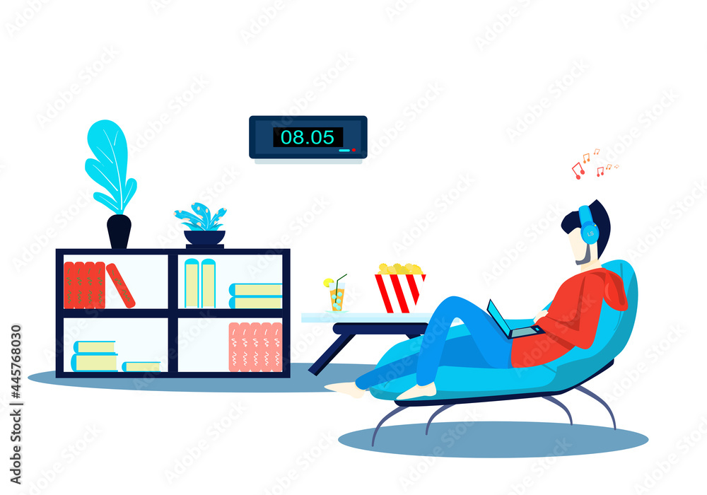 Fototapeta premium Concept relax, COVID-19, work from home. Happy man sitting on the sofa with a laptop while listening to music on vacation. Vector flat style. Illustration for content happy holidays, rest, quarantine 