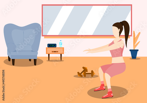 Concept exercise, relax, quarantine, Covid-19. Woman doing exercises, squats, indoors to make the body strong. Vector flat style. Illustration for content lifestyle, squats, happy, stay home, healthy 