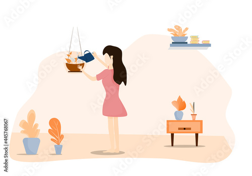 Concept happy relax. woman happily standing watering the potted plants during the holidays. Vector flat style. Illustration for content activity vacations, stay home, relax, COVID, rest, quarantine 