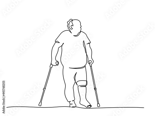Elderly overweight man walking with crutches. One line drawing