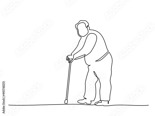 Elderly overweight man with stick. One line drawing