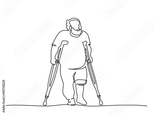 Elderly overweight man walking with crutches. One line drawing