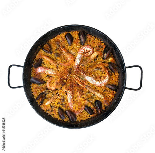 Top view of seafood Paella isolated