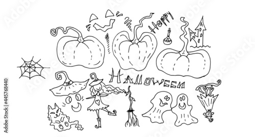 Pumpkins, ghosts, witch, cat, web. Decorative items for Halloween. Linear drawing. Sketch. Vector illustration. © Oksava