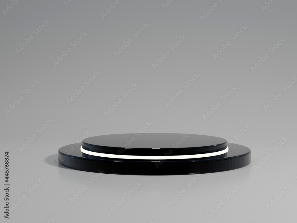 Realistic product display. 3D rendering podium indoor space with lighting growing. Black color round stand. Illustration. Realistic product display. 3D rendering podium indoor space with lighting growing. Black color round stand. Illustration.