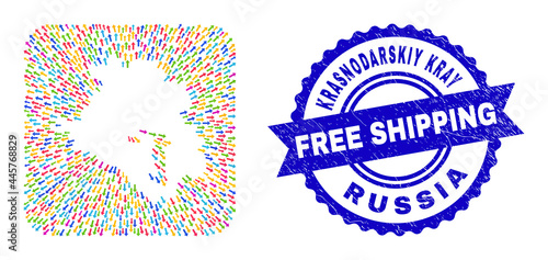 Vector mosaic Krasnodarskiy Kray map of straight arrows and scratched Free Shipping badge. Mosaic Krasnodarskiy Kray map constructed as subtraction from rounded square with evacuation arrows.