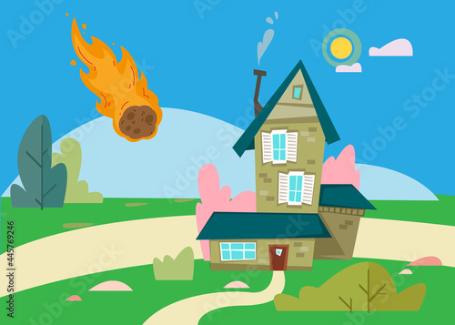 A meteorite falls on the house. Cartoon illustration of the apocalypse. The burning stone flies to the city