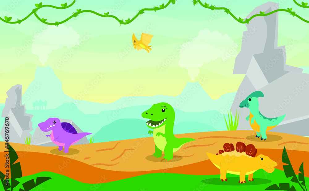 Naklejka premium Vector group of cute dinosaurs with jurassic scene, tyrannosaurus kids an mountain scene