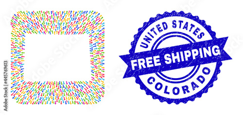 Vector mosaic Colorado State map of pointer arrows and scratched Free Shipping badge. Collage Colorado State map constructed as carved shape from rounded square shape using away arrows.