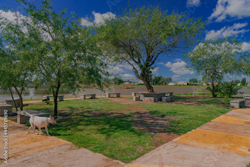 parque al aire libre con lugar para sentarse al costado de una laguna artificial, Castelli - Chaco - Argentina