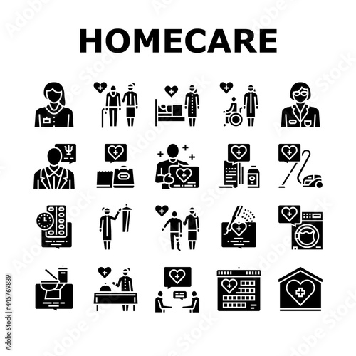 Homecare Services Collection Icons Set Vector. Volunteer Personal Care Elderly And Sick People, Dressing And Helping Washing Homecare Services Glyph Pictograms Black Illustrations