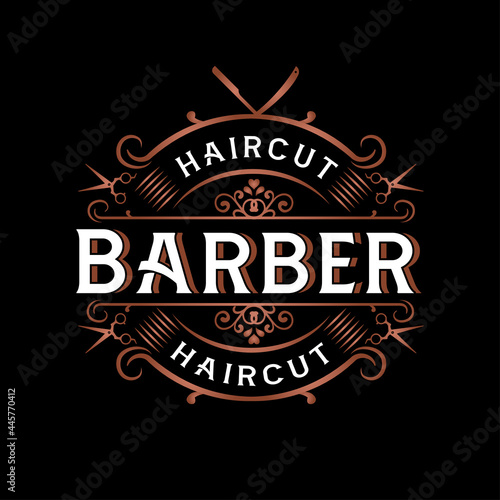 Barbershop logo design. Vintage lettering illustration on dark background