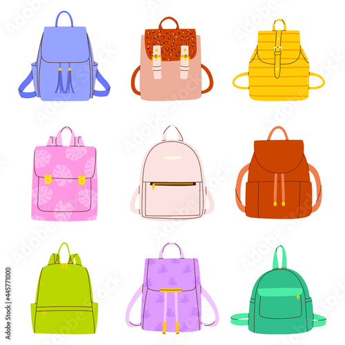 A large flat vector set of backpacks of various shapes and colors for studying, traveling, walking. Isolated collection on a white background.
