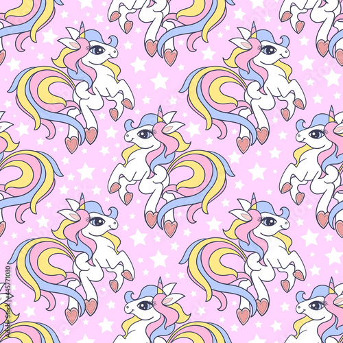 Seamless pattern with unicorns on a pink background. For kids  design of wallpapers  backgrounds  fabrics  wrapping paper  scrapbooking and so on. Vector