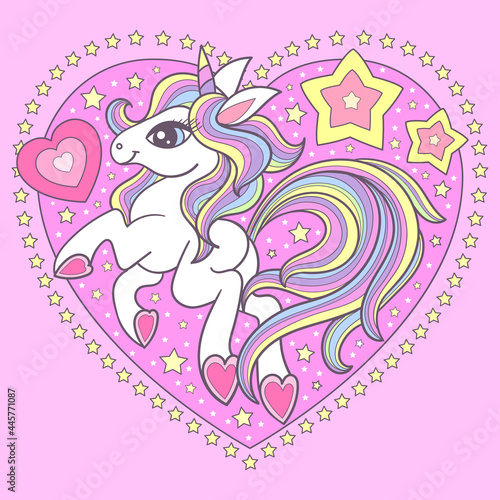 Cute cartoon unicorn on a background of hearts and stars. For children s design of prints  posters  postcards  stickers  banners  etc. Vector