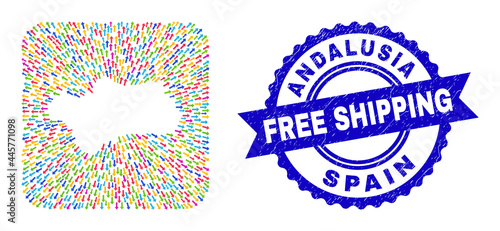 Vector collage Andalusia Province map of direction arrows and rubber Free Shipping seal stamp. Mosaic Andalusia Province map designed as carved shape from rounded square shape with emigration arrows.