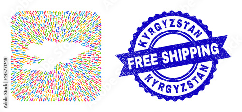 Vector mosaic Kyrgyzstan map of out arrows and rubber Free Shipping badge. Mosaic Kyrgyzstan map designed as subtraction from rounded square shape with emigration arrows.
