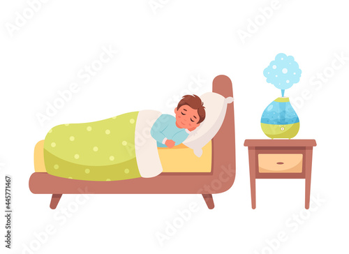 Boy sleeping with air humidifier in room. Ecological appliance for home. Healthy sleep. Vector illustration