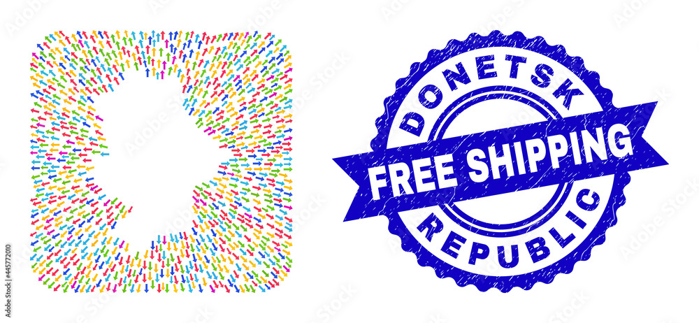 Vector mosaic Donetsk Republic map of arrows and grunge Free Shipping seal stamp. Mosaic Donetsk Republic map created as carved shape from rounded square with pointing arrows. Vector mosaic Donetsk Republic map of arrows and grunge Free Shipping seal stamp. Mosaic Donetsk Republic map created as carved shape from rounded square with pointing arrows.