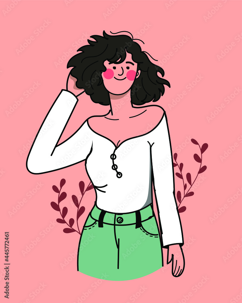 cute girl with short hair, white top and jeans, pretty smile