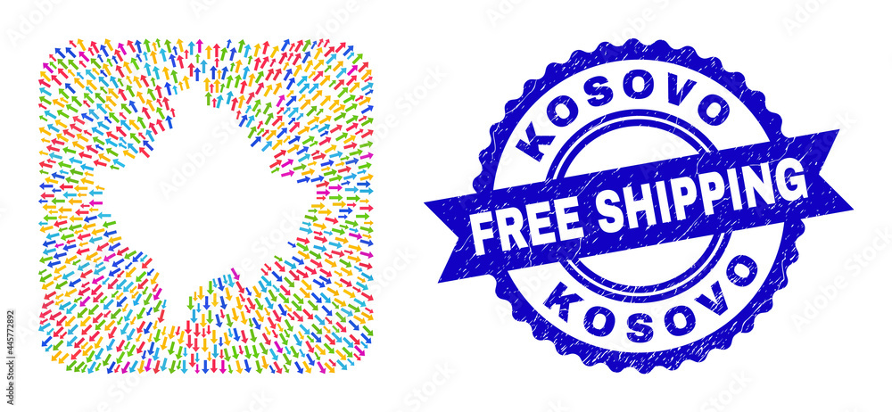 Vector collage Kosovo map of leaving arrows and rubber Free Shipping seal. Collage Kosovo map created as carved shape from rounded square shape with delivery arrows. Vector collage Kosovo map of leaving arrows and rubber Free Shipping seal. Collage Kosovo map created as carved shape from rounded square shape with delivery arrows.