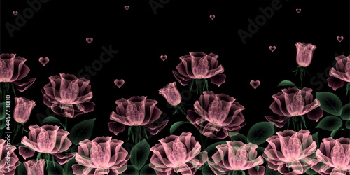 Seamless horizontal pattern in repeat. Floral border transparent roses of pale pinc color. Big flowers on black background with hearts. Illustration for wedding design, printing on fabric, postcards photo