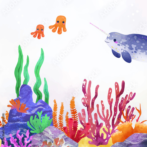 Background of the seabed with corals and marine life. Colored vector illustration