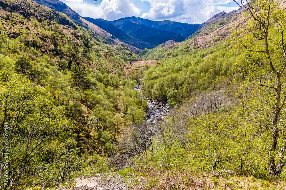 A view down the River Nevis in Glen Nevis, Scotland on a summers day A view down the River Nevis in Glen Nevis, Scotland on a summers day