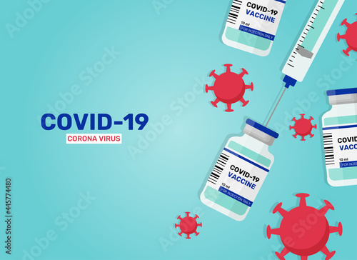 Coronavirus vaccine background. Covid-19 corona virus vaccination with vaccine bottle and syringe injection tool for covid19 immunization treatment. Vector illustration.