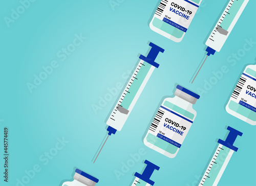 Coronavirus vaccine background. Covid-19 corona virus vaccination with vaccine bottle and syringe injection tool for covid19 immunization treatment. Vector illustration
