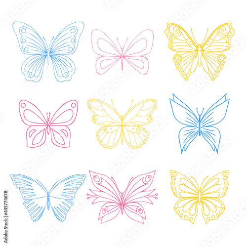 A set of vector butterflies. Outline silhouettes of different butterflies. Vector templates