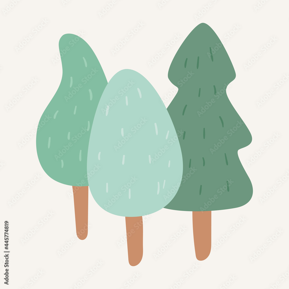 Vector cartoon doodle picture of trees, spruce and tree with a wide crown. Childrens sticker of forest in the Scandinavian style. Vector cartoon doodle picture of trees, spruce and tree with a wide crown. Childrens sticker of forest in the Scandinavian style.