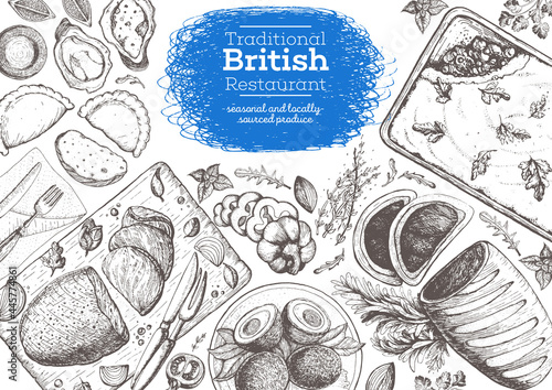 British cuisine top view frame. Food menu design with traditional british dishes, roast beef, beef wellington, scotch eggs, cornish pastry, sheppard pie. Vintage hand drawn sketch vector illustration.