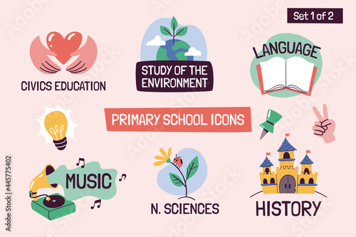 School subjects educational icons. Hand-drawn vector labels with primary school subjects. Perfect for timetables, websites, school apps, sticker design, etc