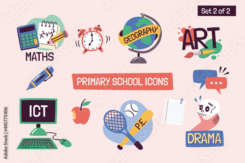 School subjects educational icons. Hand-drawn vector labels with primary school subjects. Perfect for timetables, websites, school apps, sticker design, etc