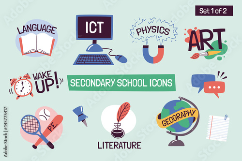 School subjects educational icons. Hand-drawn vector labels with secondary school subjects. Perfect for timetables, websites, school apps, sticker design, etc