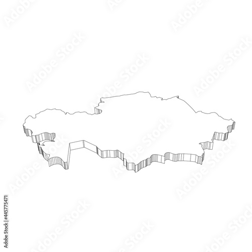 Kazakhstan - 3D black thin outline silhouette map of country area. Simple flat vector illustration.