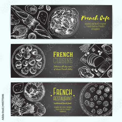 French food design template. Vertical banners set. Vector illustration with poached eggs, bakery, cheese, ratatouille, pissaladier. French Cuisine restaurant menu. Hand drawn sketch vector banners.
